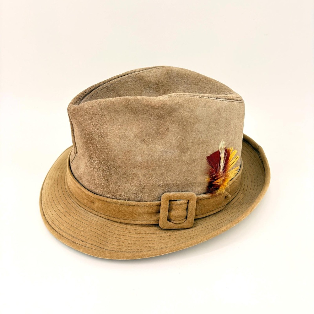 VTG Dobbs Fifth Avenue 7 1/4 Suede Fedora‎ Hat MCM Feather Band Buckle Taupe